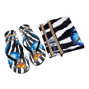 Brighton Masai Zebra Butterfly Charm Flip Flop Thong Sandals with Pouch Size 7